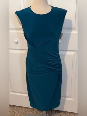 Vince Camuto Teal Ruched Midi Sheath Dress